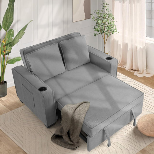 VIBESPARK 3-in-1 Convertible Sofa Bed 52" Corduroy 2-Seater Loveseat, Adjustable Backrest, Cup Holders, 2 Pillows for Home Living Room Teen Bed Room