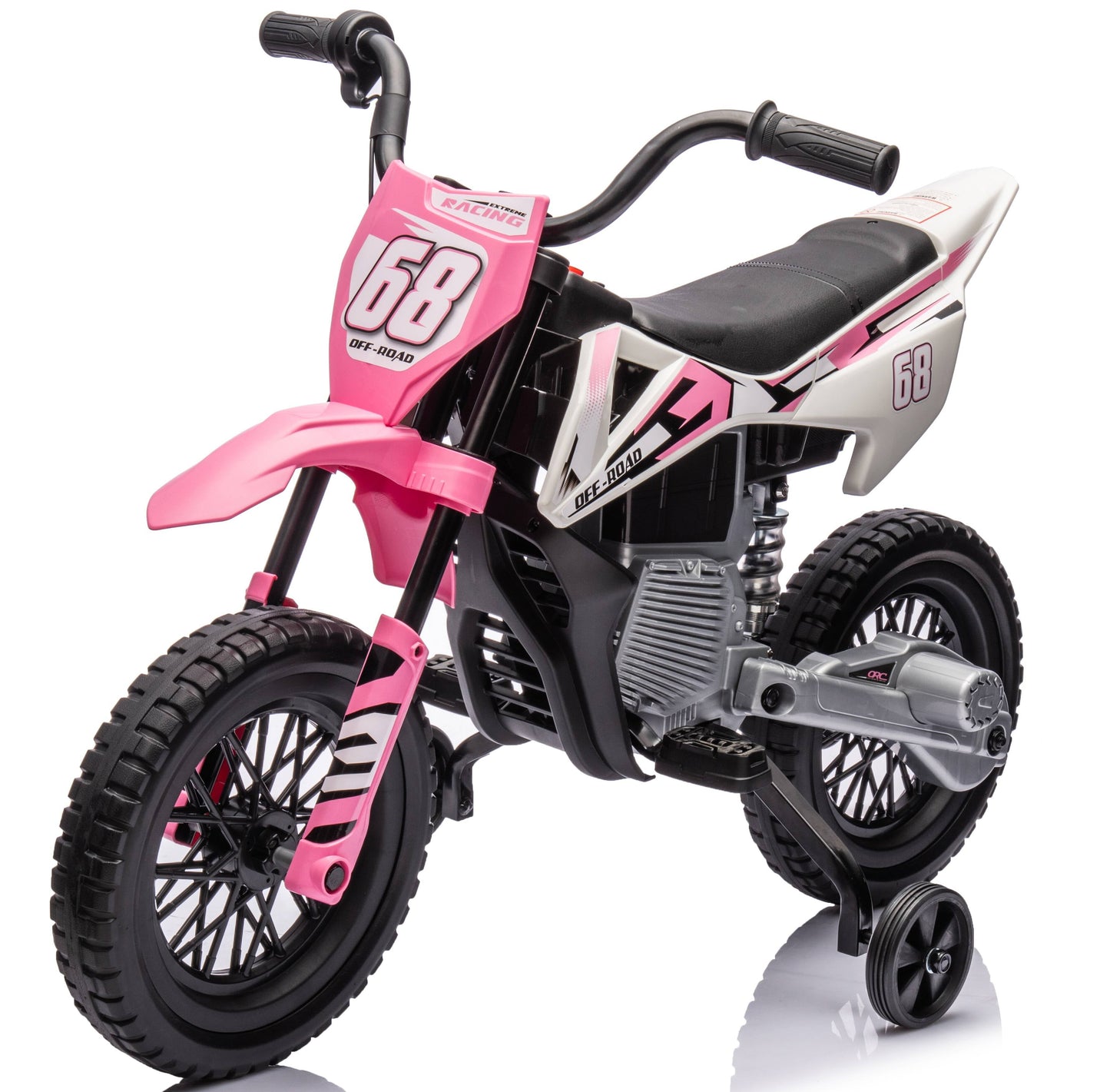 VIBESPARK 12V Electric Dirt Bike with Twist Grip Throttle, Kids Ride on Motorcycle with 2 Training Wheels, Suitable for Boys & Girls Ages 3-8, Bluetooth, MP3, Dual Motors, Spring Suspension