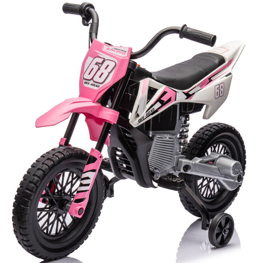 VIBESPARK 12V Electric Dirt Bike with Twist Grip Throttle, Kids Ride on Motorcycle with 2 Training Wheels, Suitable for Boys & Girls Ages 3-8, Bluetooth, MP3, Dual Motors, Spring Suspension