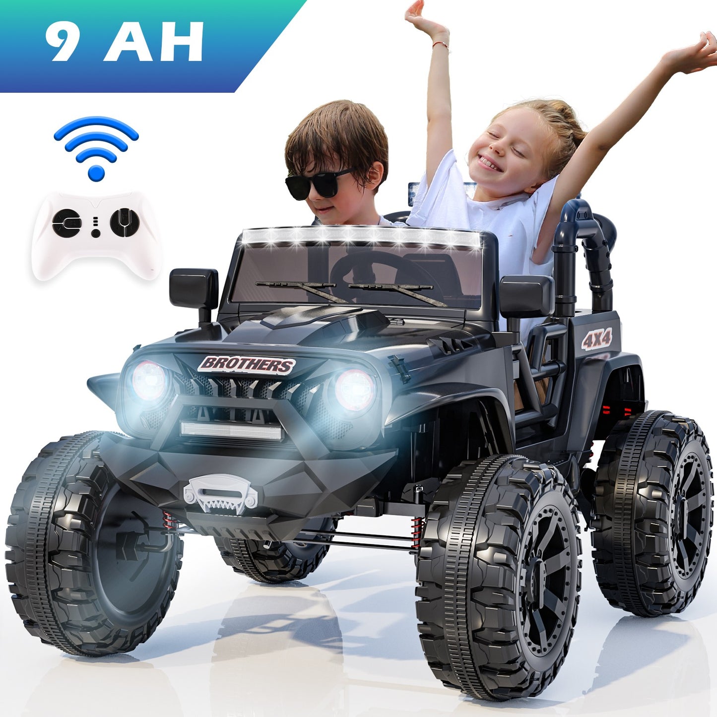 VIBESPARK 24V Ride on Truck Car 2-Seater Ride on Toys with Remote Control, 9AH Ride on Cars Electric Car for Kids w/ Bluetooth, Music, LED Head Lights & Rear Lights, Spring Suspension, Black