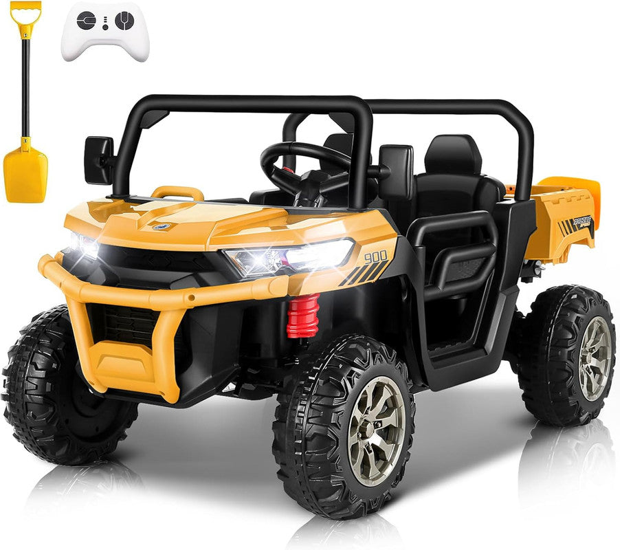 VIBESPARK 24V 2 Seater Ride on Toys with Dump Bed, Ride on UTV 2x200W Motors, Ride on Dump Truck w/ Battery Display, Forward/Stop/Reverse Joystick, Remote Control, Shovel, Bluetooth, MP3, Yellow