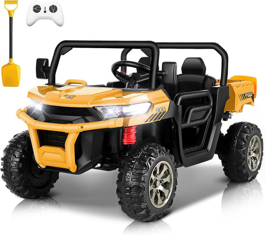 VIBESPARK 24V 2 Seater Ride on Toys with Dump Bed, Ride on UTV 2x200W Motors, Ride on Dump Truck w/ Battery Display, Forward/Stop/Reverse Joystick, Remote Control, Shovel, Bluetooth, MP3, Yellow