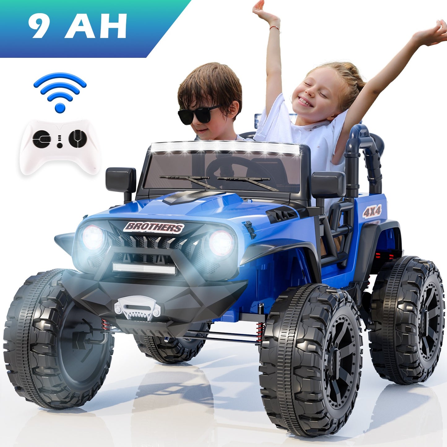 VIBESPARK 24V Ride on Truck Car 2-Seater Ride on Toys with Remote Control, 9AH Ride on Cars Electric Car for Kids w/ Bluetooth, Music, LED Head Lights & Rear Lights, Spring Suspension, Blue