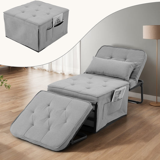 VIBESPARK 5 in 1 Convertible Sofa Chair Bed, Folding Ottoman Linen Fabric Sleeper Chair with 6 Adjustable Backrests, Adults Single Sofa Bed w/ Surpport Pillow, Home, Living Room, Apartment, Office