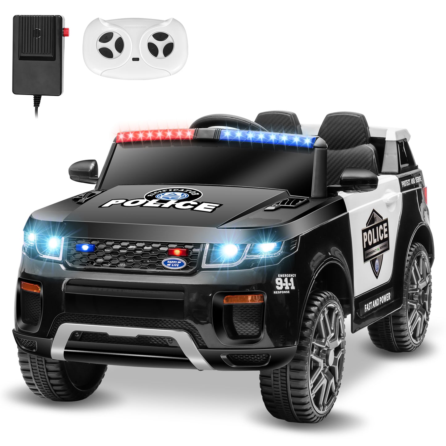 VIBESPARK 12V Ride on Police Car, Electric Car for Kids Battery Powered Ride-on Toys Cop Cars with Remote Control, Siren, Flashing Lights, Music, Bluetooth, Spring Suspension, Black