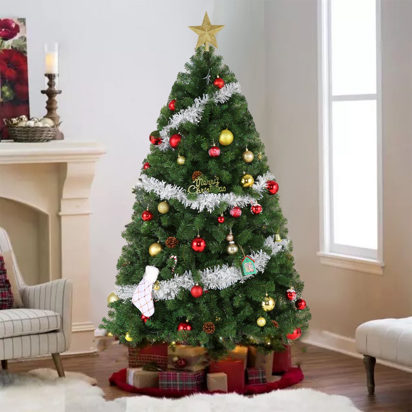 VIBESPARK 6ft Pre-Lit Spruce Artificial Holiday Christmas Tree for Home, Office, Party Decoration w/ 250 Incandescent Lights, 1000 Branch Tips, Easy Assembly, Metal Hinges & Foldable Base