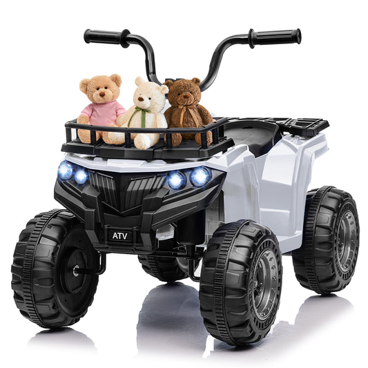 VIBESPARK 12 Volt Ride on Toys for Toddlers, Kids Ride on ATV 4-Wheeler Quad Electric Car with Storage Basket, Ride on Cars w/ Built-in Music, LED Lights, One-button Start, White