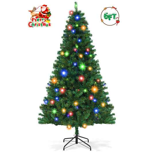 VIBESPARK 6ft Pre-Lit Spruce Artificial Holiday Christmas Tree for Home, Office, Party Decoration w/ 250 Multicolored Lights, 756 Branch Tips, Easy Assembly, Metal Hinges & Foldable Base