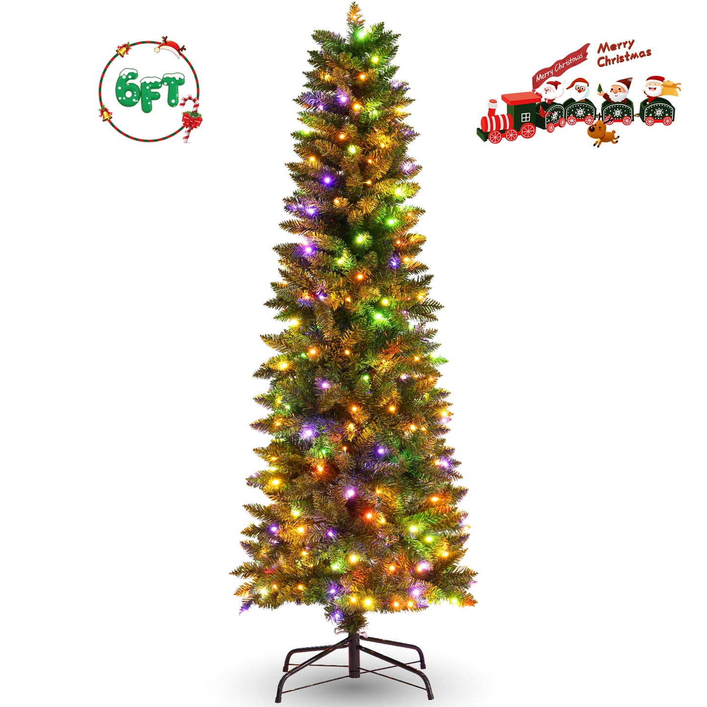 VIBESPARK 6ft Pre-Lit Pencil Christmas Tree, Skinny Spruce Slim Holiday Decoration w/ 900 Tips, 250 Lights, Metal Hinges & Base