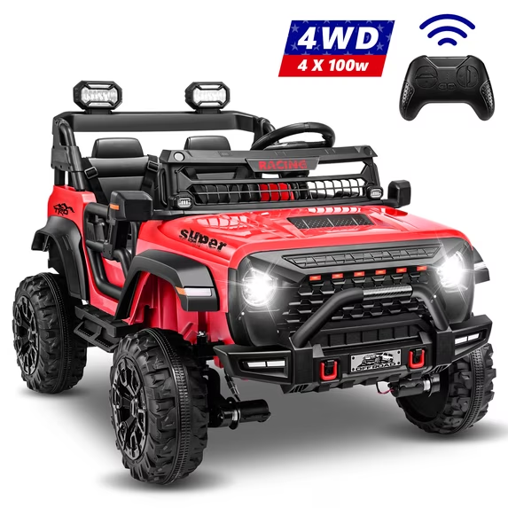 VIBESPARK Ride on Toys, 9Ah Battery Powered Ride on Cars w/ 4*100W Engines, Bluetooth, Music, Spring Suspension, Seat Belt, Max Speed 5mph, Ages 3-8 Years, Red