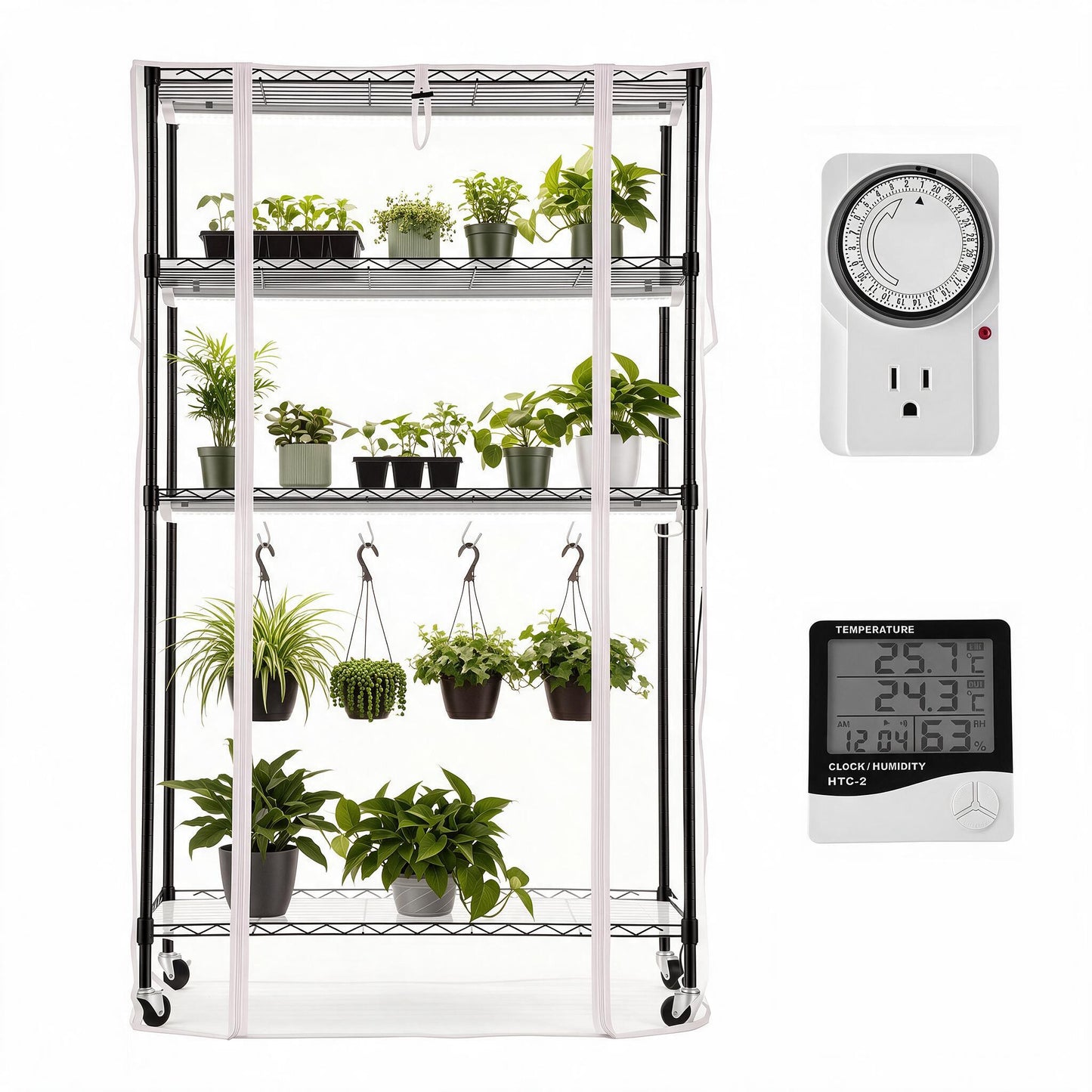 VIBESPARK Indoor Greenhouse with Grow Light,Mini Greenhouse with 4 Pack Full Spectrum Plant Lights, 37"*13.8"*59" 4-Tier Anti-tipping Plant Stand with Transparent Cover, Thermometers and timers