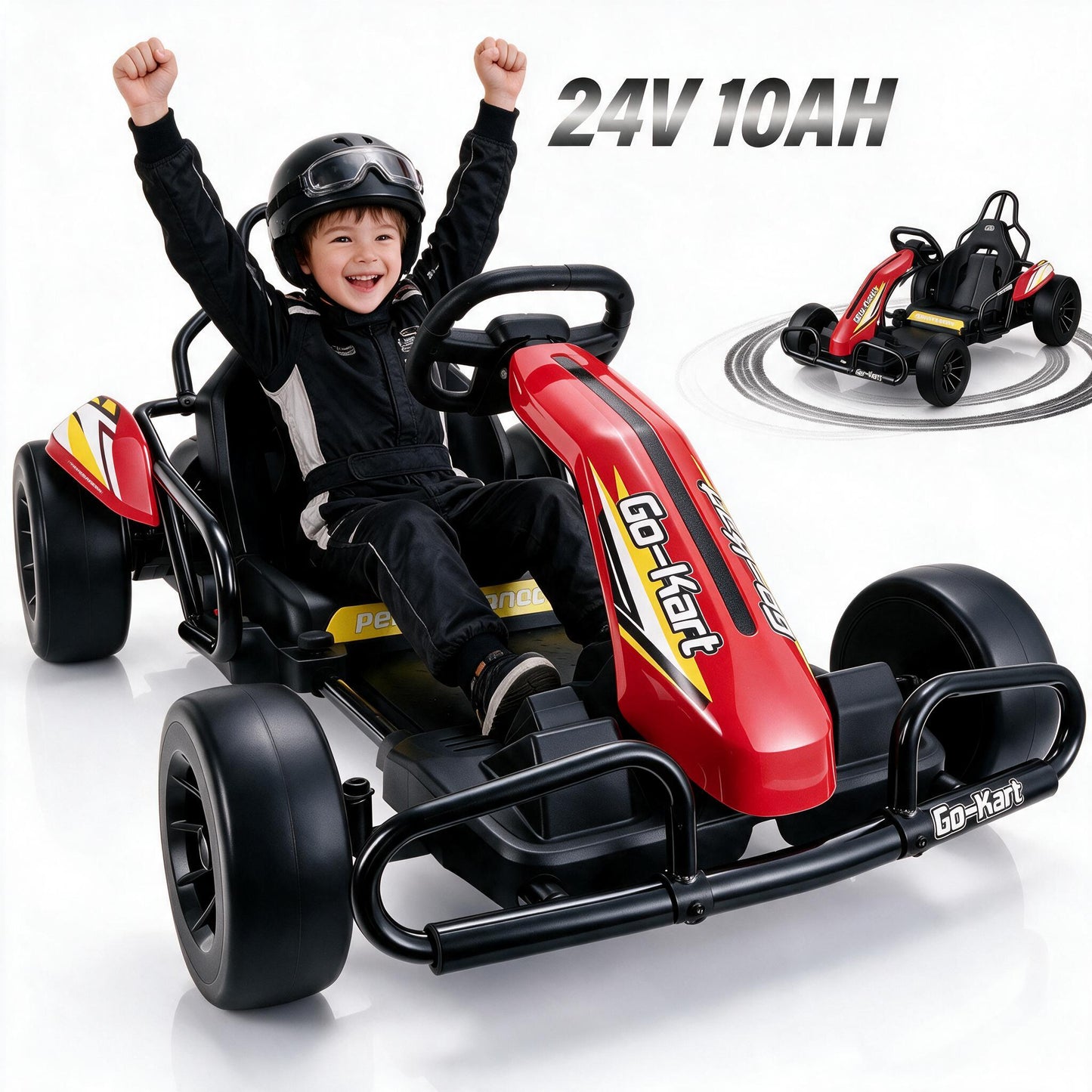 VIBESPARK Drift Go Kart, 24V 10AH Electric Go Kart for Kids Ages 6-14, 360° Drift Mode, Ride On Car with Backrest & Adjustable Seat, 300W Dual Motors, Max Speed 7.5mph/h, Red