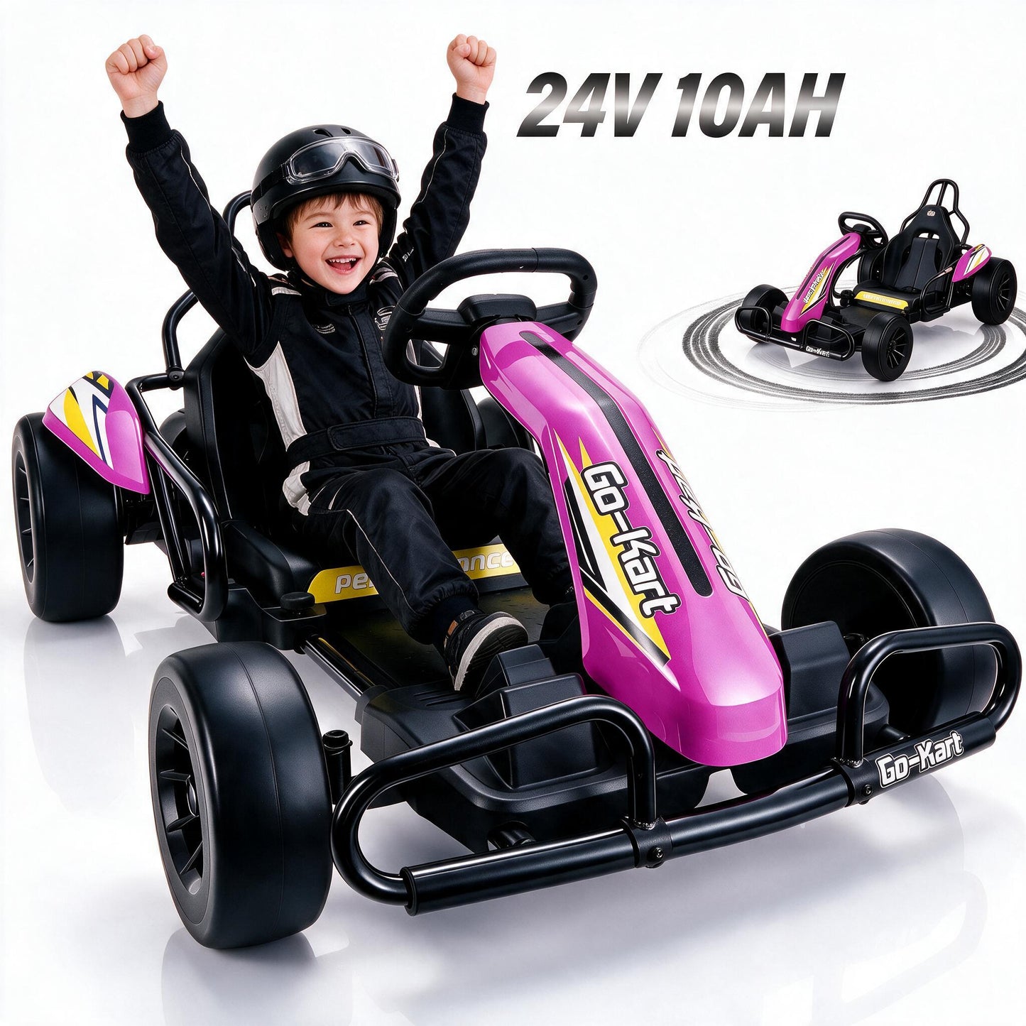 VIBESPARK Drift Go Kart, 24V 10AH Electric Go Kart for Kids Ages 6-14, 360° Drift Mode, Ride On Car with Backrest & Adjustable Seat, 300W Dual Motors, Max Speed 7.5mph/h, Pink