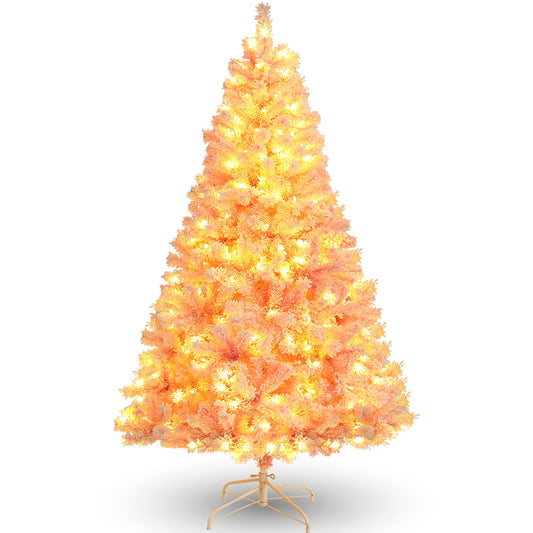 VIBESPARK 6FT Pre-Lit Flocked Christmas Tree, Artificial Christmas Tree with 250 LED Lights, Hinged Pine Tree with 640 Branches, Foldable Metal Stand, Indoor and Outdoor, Pink