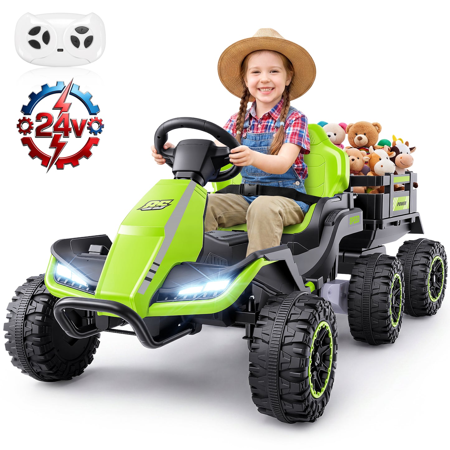 VIBESPARK 24V Ride on Toys with Remote Control, 3 in 1 Ride on Car, Ride on ATV for Kids with Trailer, 6 Wheel Kids Electric Car w/ Bluetooth, MP3, Music, Green