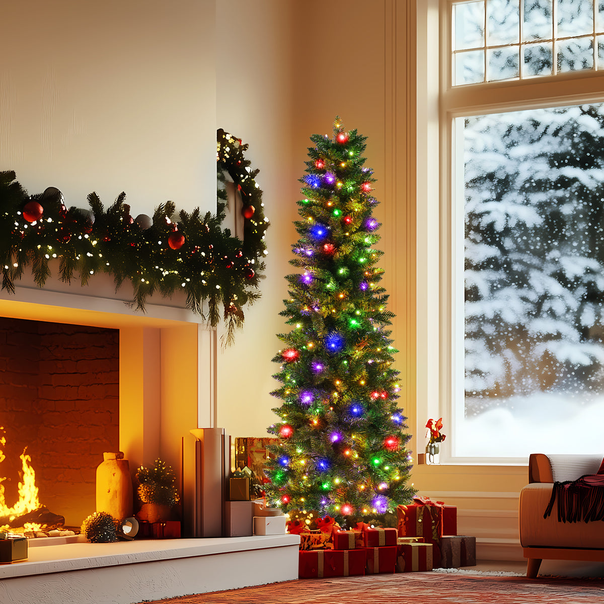 VIBESPARK 6ft Pre-Lit Pencil Christmas Tree, Skinny Spruce Slim Holiday Decoration w/ 570 Tips, 250 Lights, Metal Hinges & Base