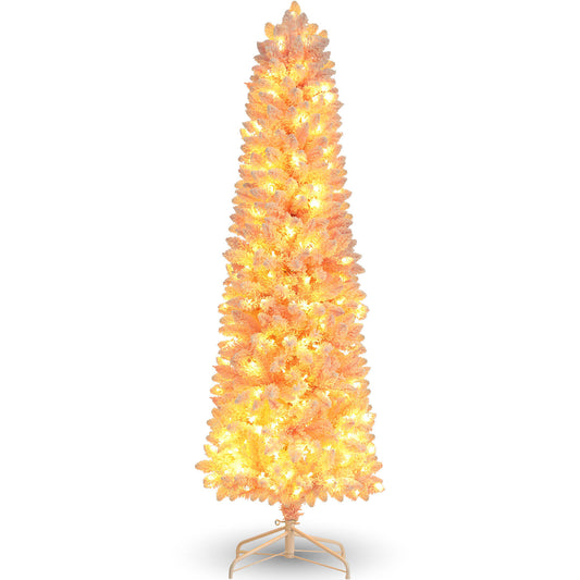 VIBESPARK 6FT Pre-Lit Pencil Christmas Tree, Hinged Pine Tree with 566 PVC Branches,  Snow Flocked Skinny Xmas Tree, Foldable Metal Stand, Holiday Decorations, Indoor and Outdoor, Pink