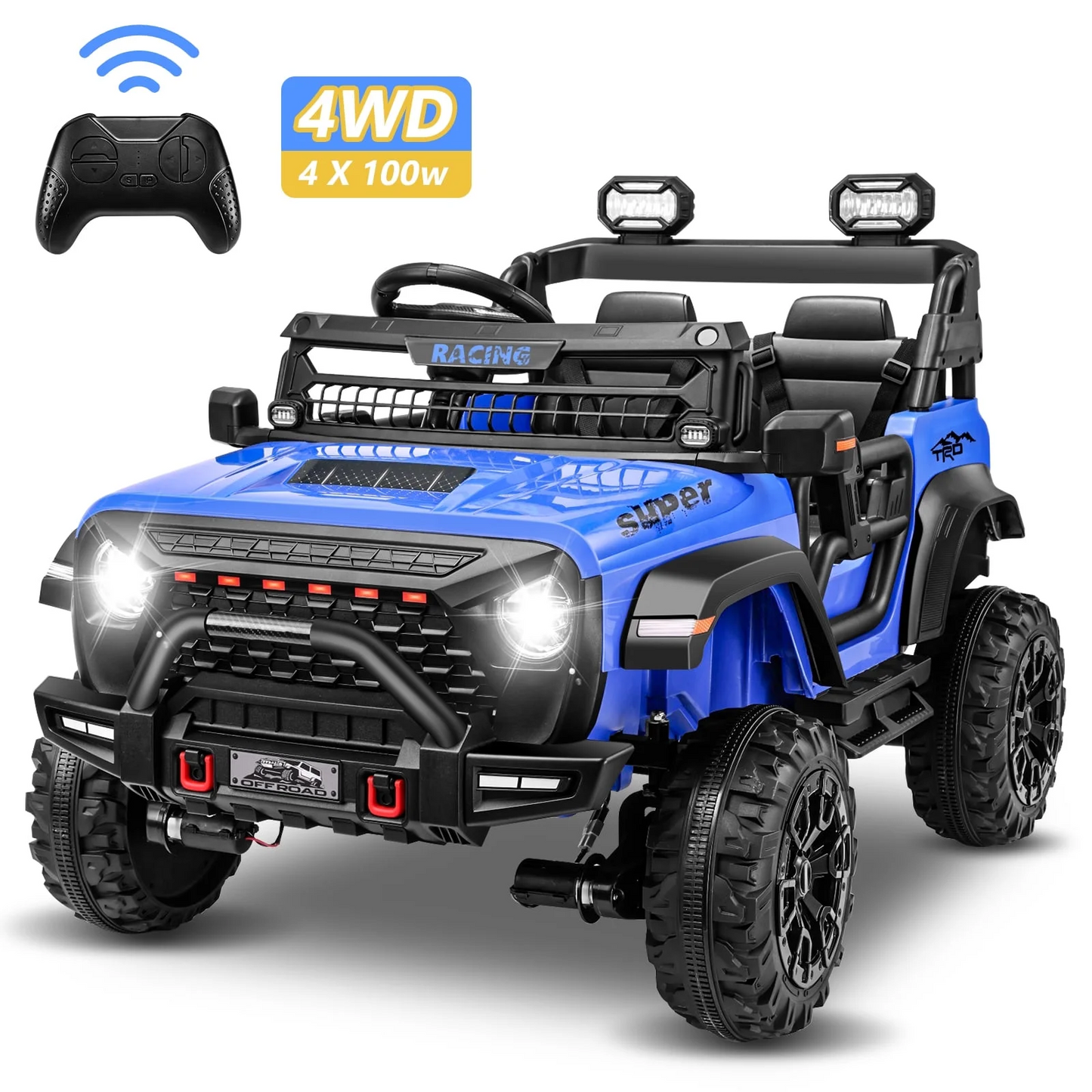 Farmdex 4WD 24V Ride on Cars with Remote Control, 2 XL Seaters, 9AH Electric Battery Powered Toys Car w/ 4 Wheels Spring Suspension, Bluetooth Music, LED Lights, 3 Speeds, Blue