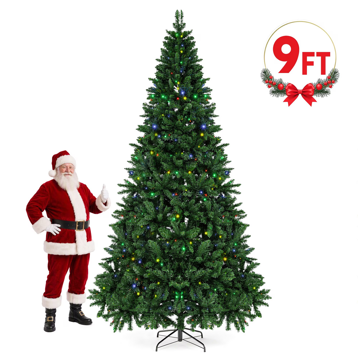 VIBESPARK 9 Ft Christmas Tree with 8 Modes 250 Multicolored Lights, Xmas Tree with Metal Stand and 2300 Hinged Tips, Perfectly Suited for Christmas, Indoor&Outdoor, Party Decoration