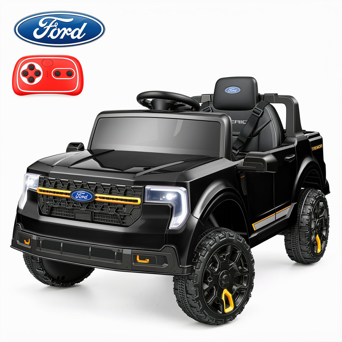 Farmdex 24v Licensed Ford MAVERICK Tremor Ride on Car Toys with Remote Control, 4WD Electric Cars for Kids w/ 3 Speeds, LED Lights, Suspension, Bluetooth, Music, MP3, Black