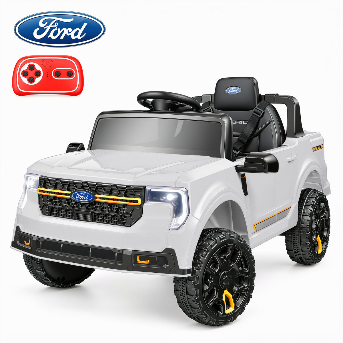 Farmdex 24V Licensed Ford MAVERICK Tremor Ride on Car Toys with Remote Control, 4WD Electric Cars for Kids w/ 3 Speeds, LED Lights, Suspension, Bluetooth, Music, MP3, White