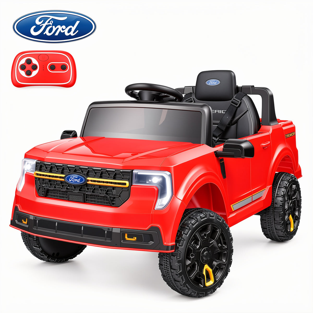 Farmdex Licensed Ford MAVERICK Tremor Ride on Car Toys with Remote Control, 4WD Electric Cars for Kids w/ 3 Speeds, LED Lights, Suspension, Bluetooth, Music, MP3, Red