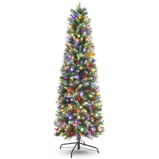 VIBESPARK 6FT Pre-Lit Pre-Decorated Pencil Christmas Tree, Flocked Frosted Hinged Christmas Tree with 566 PVC Branches, Skinny Xmas Tree, 250 Led Lights, 49 Pine Cones & Berries, Foldable Metal Stand