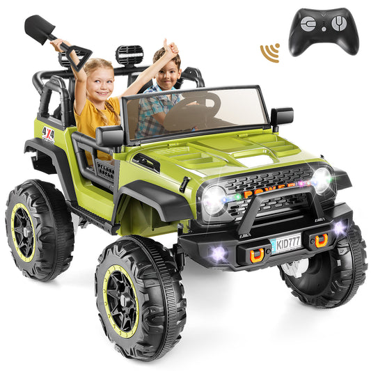 VIBESPARK 24V 2-Seater Ride on Toys, Ride on Truck Car with Colored LED Lights, 2WD/4WD Switchable Electric Car for Kids, Ride on Cars W/ Bluetooth, SD Card Slot, Toy Shovel, Spring Suspension, Green