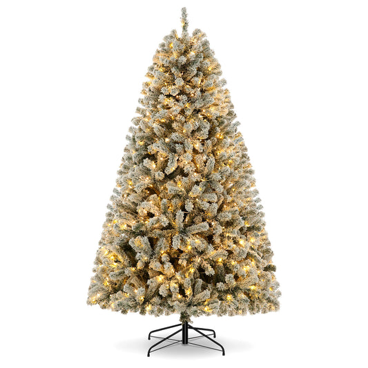 VIBESPARK 6FT Pre-Lit Flocked Christmas Tree, Artificial Christmas Tree with 250 LED Lights, Hinged Pine Tree with 640 Branches, Foldable Metal Stand, Indoor and Outdoor, White