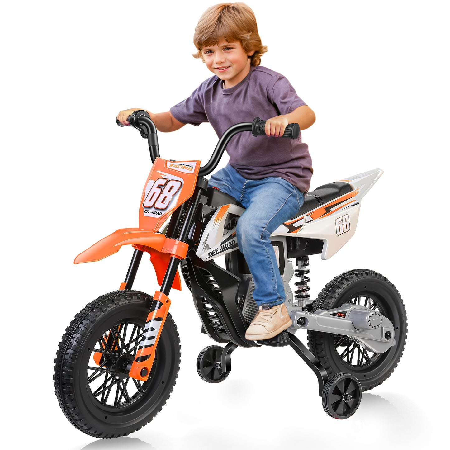 Farmdex 12V Ride on Dirt Bike for Kids, Ride on Motorcycle with 2 Training Wheels, Electric Motorcycle with Twist Grip Throttle, Built-in Music, 30W*2 Motors, Orange