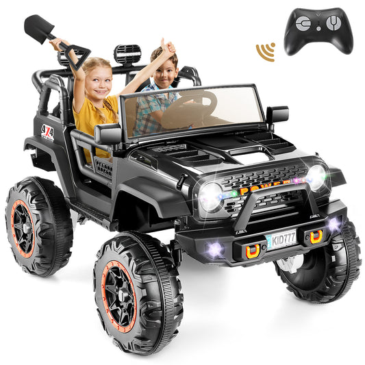 VIBESPARK 24V 2-Seater Ride on Toys, Ride on Truck Car with Colored LED Lights, 2WD/4WD Switchable Electric Car for Kids, Ride on Cars W/ Bluetooth, SD Card Slot, Toy Shovel, Spring Suspension, Black