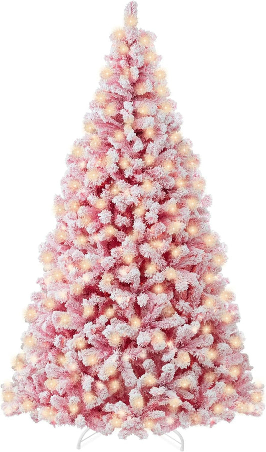Funcid 6Ft Prelit Pink Christmas Trees, Snow Flocked Artificial Christmas Pine Tree with 250 Warm LED Lights, 640 Branches, Metal Base, for Home Decoration