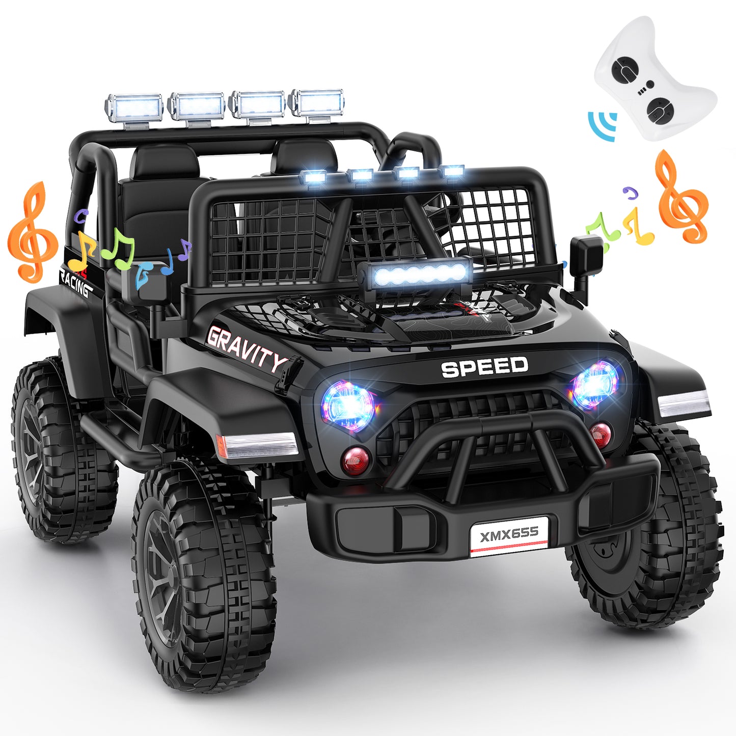 VIBESPARK 24V 2-Seater XL Ride on Toys with Remote Control for Toddlers, 7AH Battery Powered Ride on Electric Truck Car for Kids w/ Bluetooth, FM Radio, Colored Lights, MP3, Spring Suspension, Black