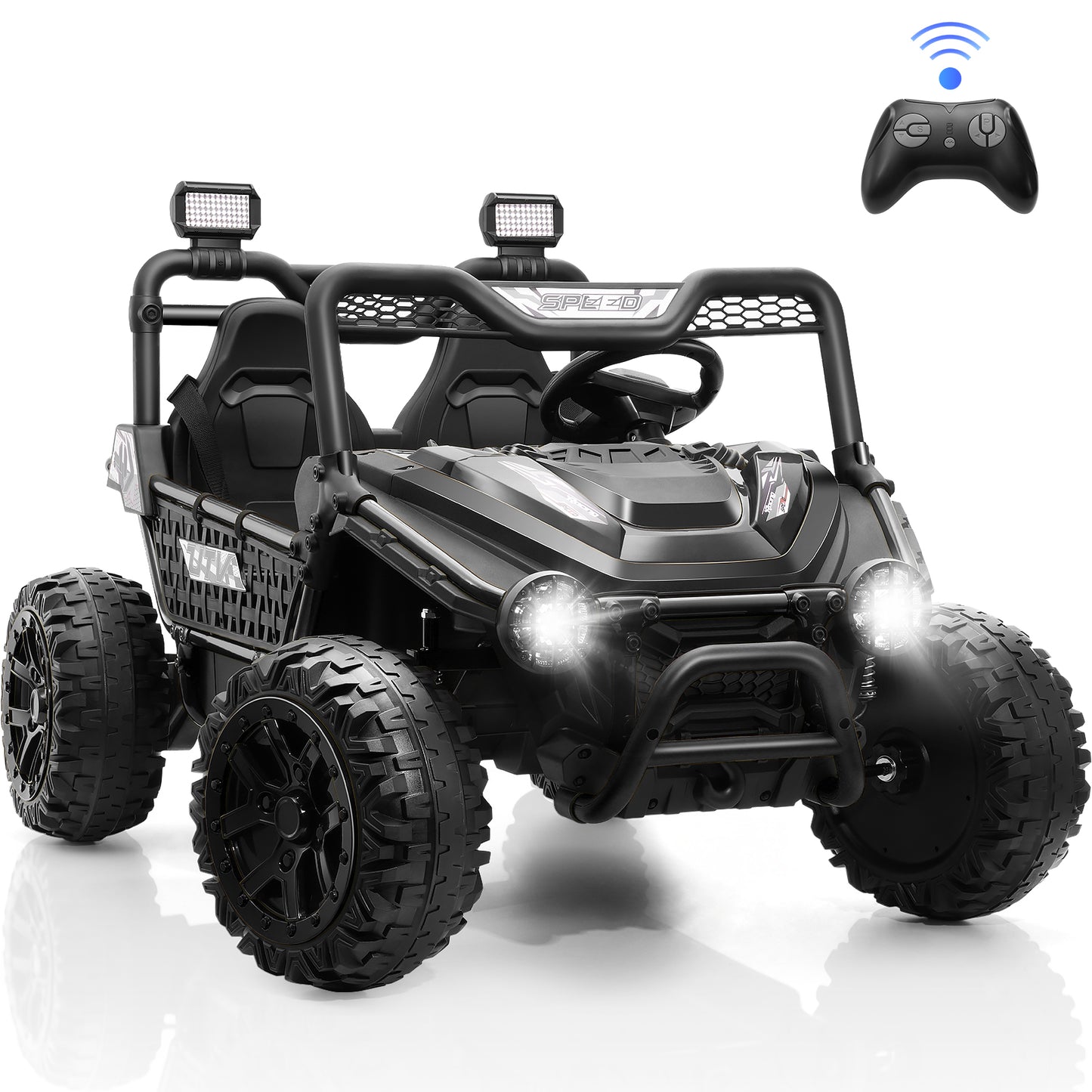 Farmdex 24V Ride on Car Truck, 2 Seater Electric UTV w/Remote Control, 21.5" Spacious Seat Ride on Toy for Kids Aged 3-10, Music, Storage, LED Light, Black