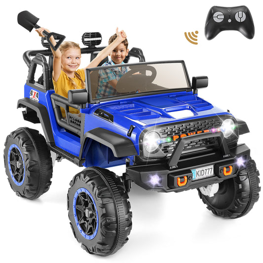 VIBESPARK 24V 2-Seater Ride on Toys, Ride on Truck Car with Colored LED Lights, 2WD/4WD Switchable Electric Car for Kids, Ride on Cars W/ Bluetooth, SD Card Slot, Toy Shovel, Spring Suspension, Blue