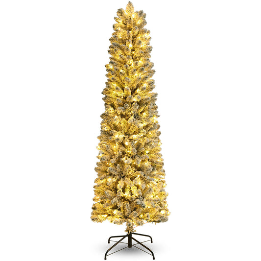 VIBESPARK 6FT Pre-Lit Pencil Christmas Tree, Hinged Pine Tree with 566 PVC Branches, Snow Flocked Skinny Xmas Tree, Foldable Metal Stand, Holiday Decorations, Indoor and Outdoor, Green