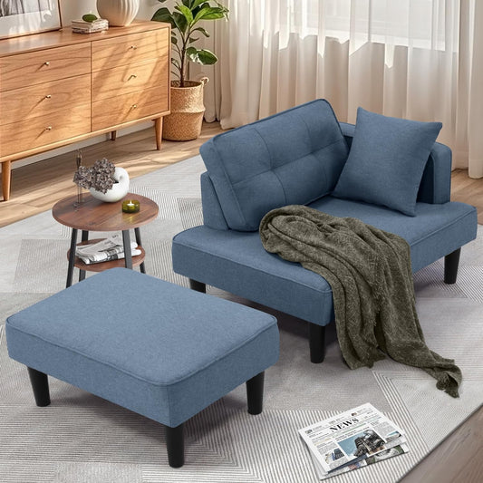 VIBESPARK Chaise Lounge Chair Indoor, Linen Leisure Accent Recliner Chair with Support Pillow for Living Room Bedroom Apartment Office Lounge Sofa, Blue