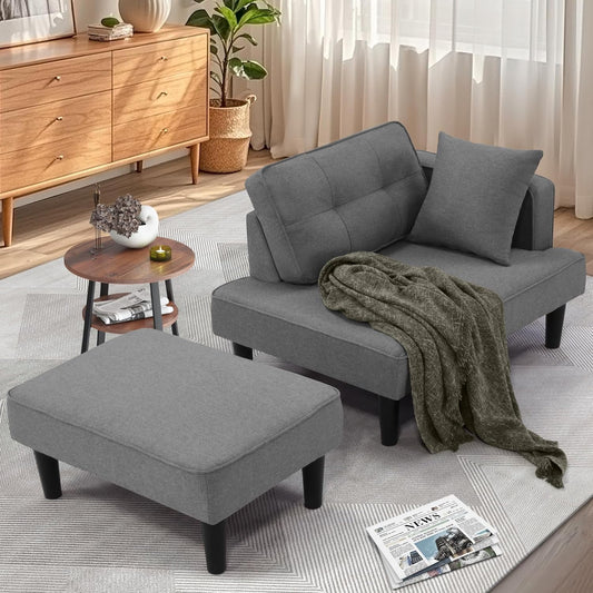 VIBESPARK Chaise Lounge Chair Indoor, Linen Leisure Accent Recliner Chair with Support Pillow for Living Room Bedroom Apartment Office Lounge Sofa, Gray