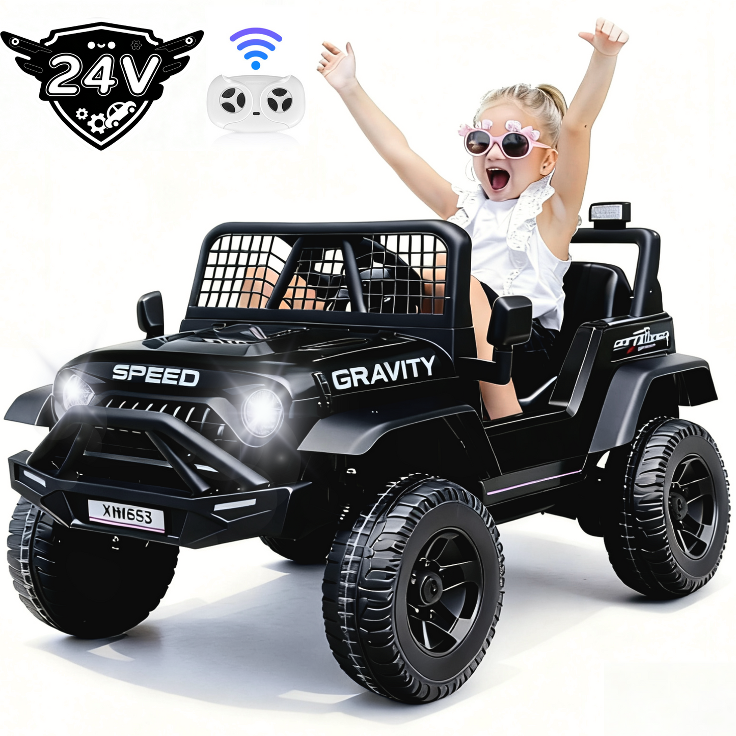 Farmdex 24V Ride on Car, Ride on Truck for Toddlers with Remote Control, Electric Car for Boys Girls Age 3+, Bluetooth, Music, LED Lights, Spring Suspension, 3 Speeds, Black