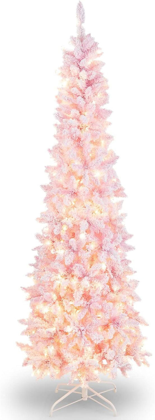 Funcid 6Ft Pencil Christmas Tree Pre-Lit Artificial Snow Flocked Slim Skinny Christmas Tree Holiday Decoration w/250 Warm Lights Pink