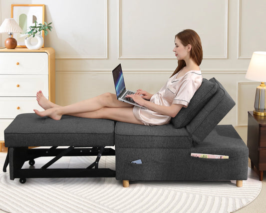 SEJOV 3 in 1 Convertible Sofa Bed Chair, Sleeper Sofa Chair Bed with 6 Adjustable Backrest & 2 Pillows, Linen Small Couch for Living Room Home, Black