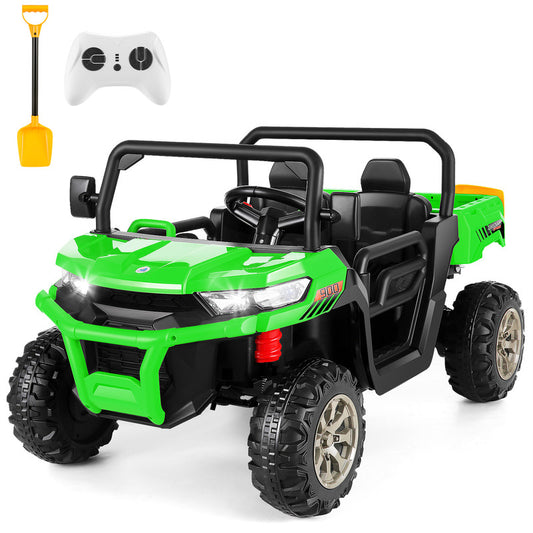 VIBESPARK 24V 2 Seater Ride on Toys with Dump Bed, Ride on UTV 2x200W Motors, Ride on Dump Truck w/ Battery Level Display, Forward/Stop/Reverse Joystick, Remote Control, Shovel, Bluetooth, MP3, Green