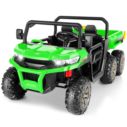 VIBESPARK 24 Volt Ride on Toys, 2-Seater 6-Wheel Ride on UTV Cars, 4WD Electric Dump Truck w/ Dump Bed, Battery Display, Joystick, High/Low Speed, Shovel, Bluetooth, MP3, Remote Control, Green