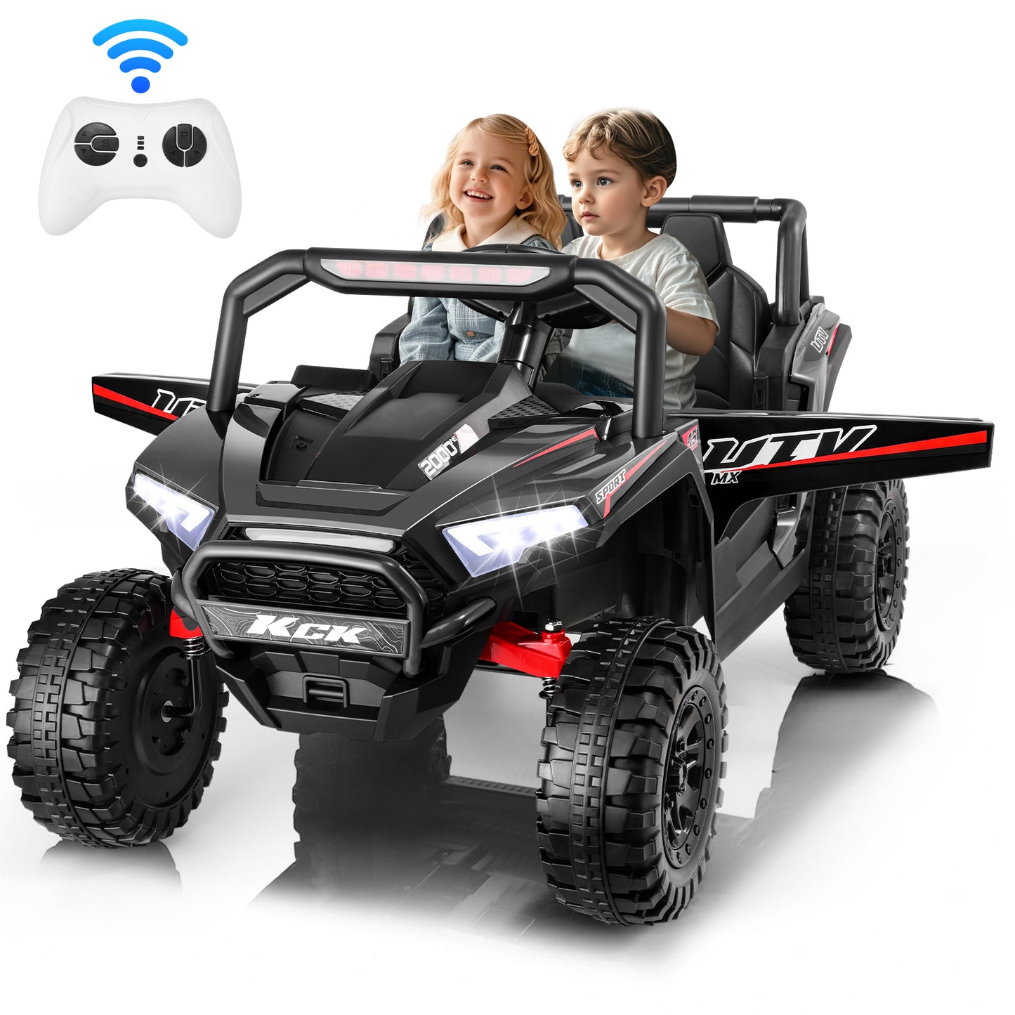 VIBESPARK 24V 2 Seater Ride on Toys UTV with Remote Control, Electric Ride on Cars for Kids, Power Car Wheels, Colorful LED Lights, Bluetooth, Storage Space, Black