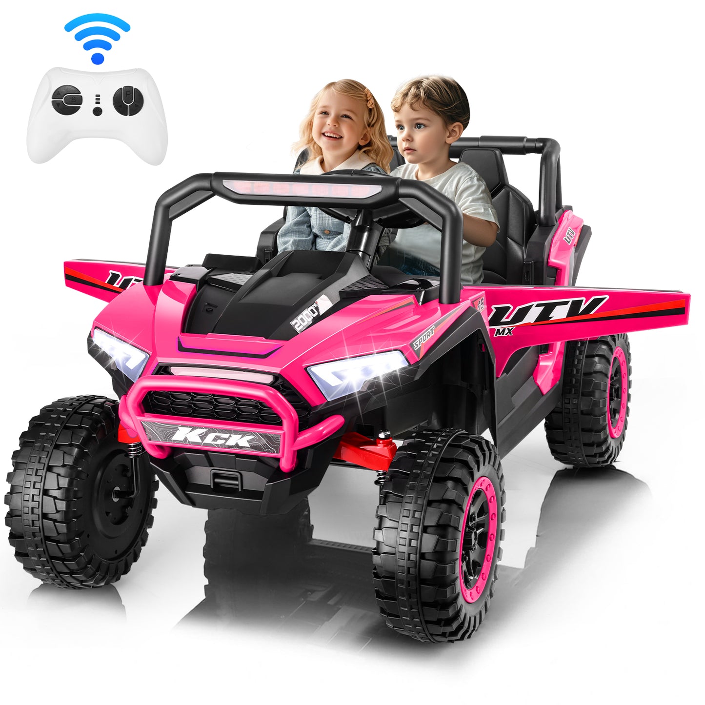 VIBESPARK 24V 2 Seater Ride on Toys UTV with Remote Control, Electric Ride on Cars for Kids, Power Car Wheels, Colorful LED Lights, Bluetooth, Storage Space, Pink