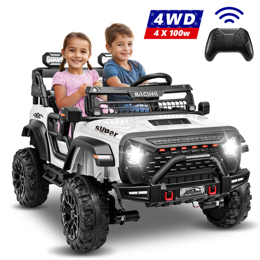 VIBESPARK 24V 9AH Ride on Toys, 4WD Ride on Cars with Remote Control, 2-Seater Powered Ride on Electric Truck Car for Kids w/  Bluetooth, MP3, LED Lights, 3-Point Seat Belts, Spring Suspension, White