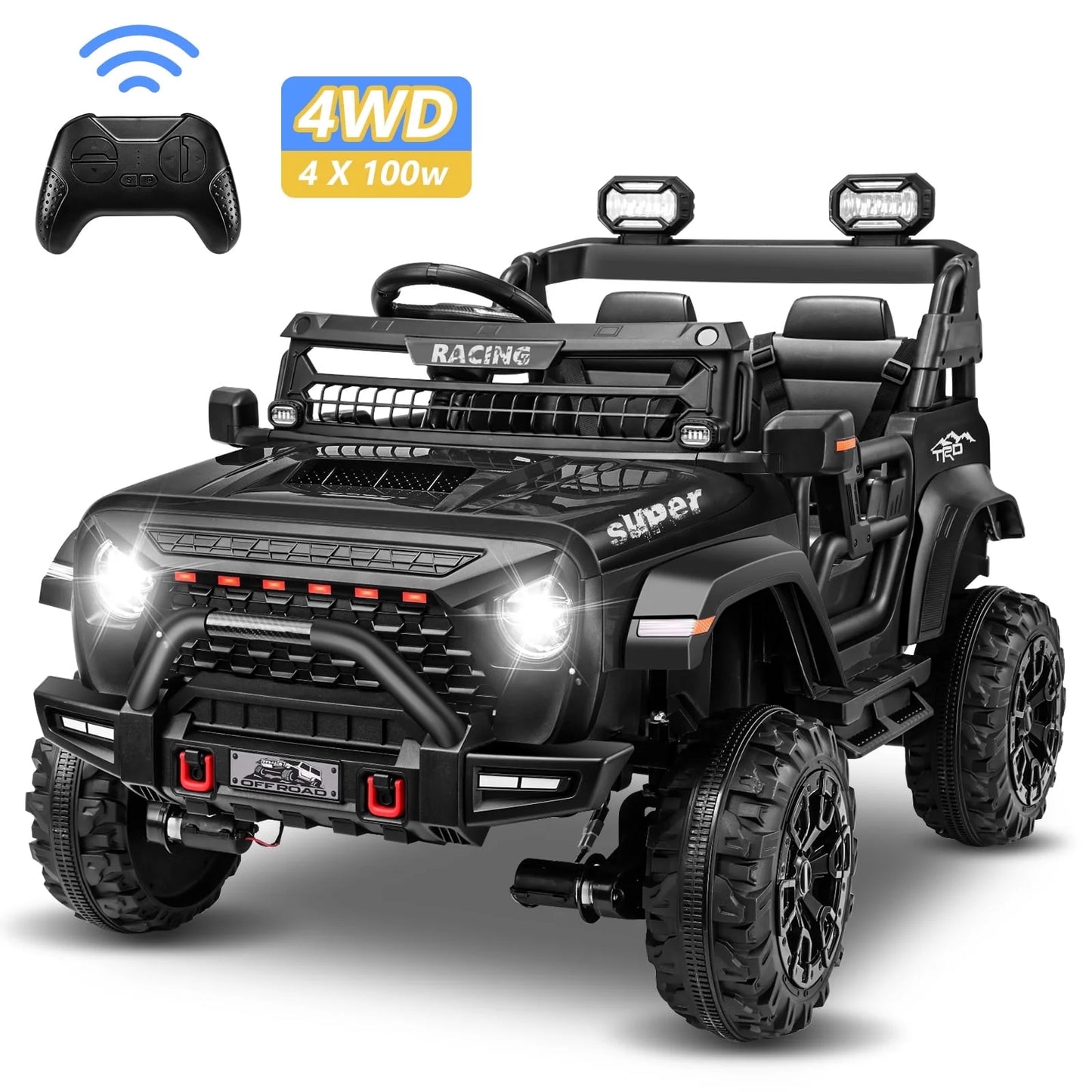 Farmdex 4WD 24V Ride on Cars with Remote Control, 2 XL Seaters, 9AH Electric Battery Powered Toys Car w/ 4 Wheels Spring Suspension, Bluetooth Music, LED Lights, 3 Speeds, Black