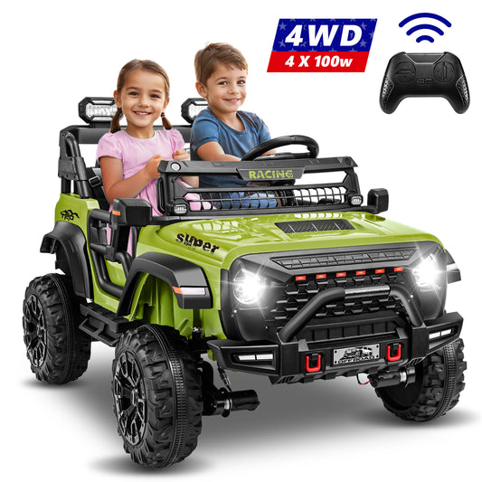 VIBESPARK 24V 9AH Ride on Toys, 4WD Ride on Cars with Remote Control, 2-Seater Powered Ride on Electric Truck Car for Kids w/  Bluetooth, MP3, LED Lights, 3-Point Seat Belts, Spring Suspension, Green