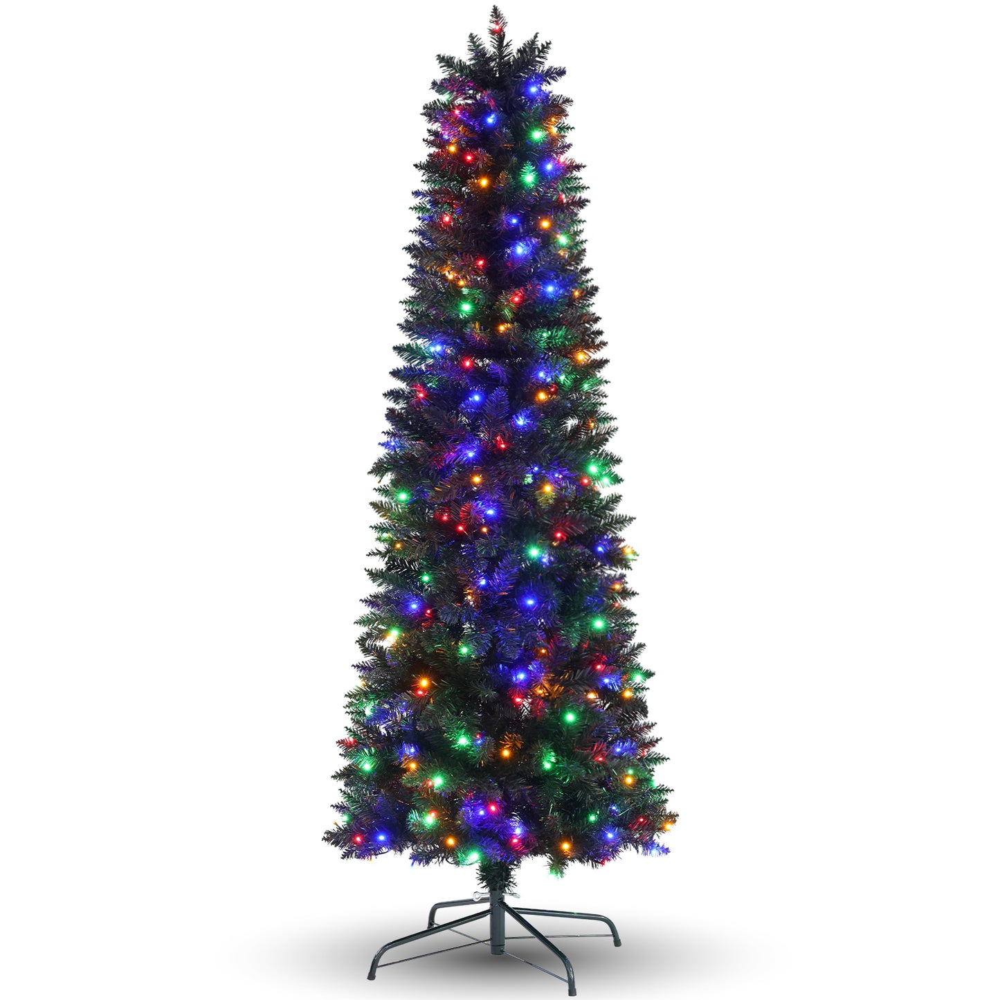 VIBESPARK 6ft Pre-Lit Artificial Pencil Christmas Tree, Black Hinged Slim Halloween Christmas Tree for Home, Office, Party Decoration with 900 Branch Tips and 250 Lights