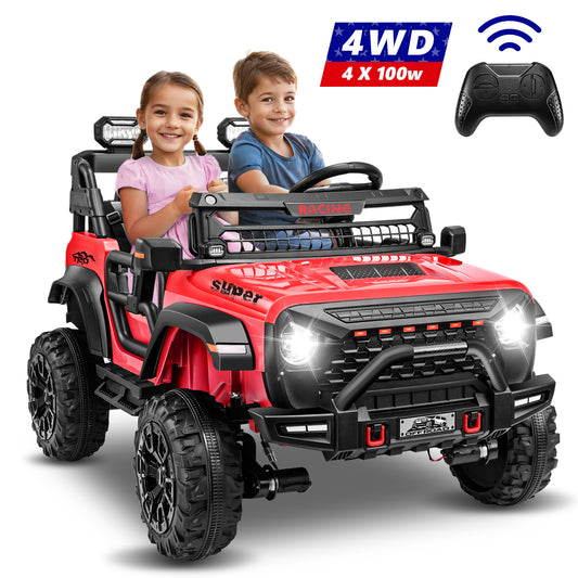 VIBESPARK 24V 9AH Ride on Toys, 4WD Ride on Cars with Remote Control, 2-Seater Powered Ride on Electric Truck Car for Kids w/  Bluetooth, MP3, LED Lights, 3-Point Seat Belts, Spring Suspension, Red